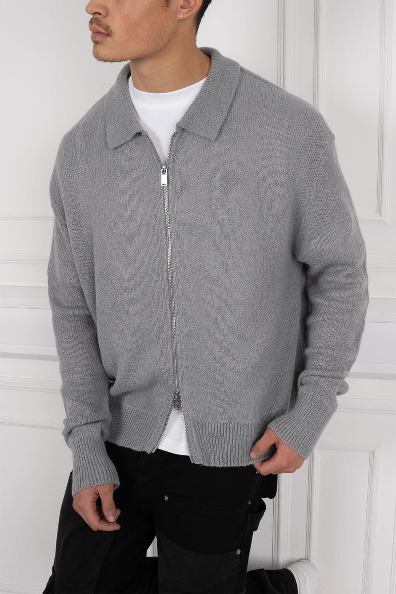 Relaxed Knitted Zip-Up Cardigan - Charcoal
