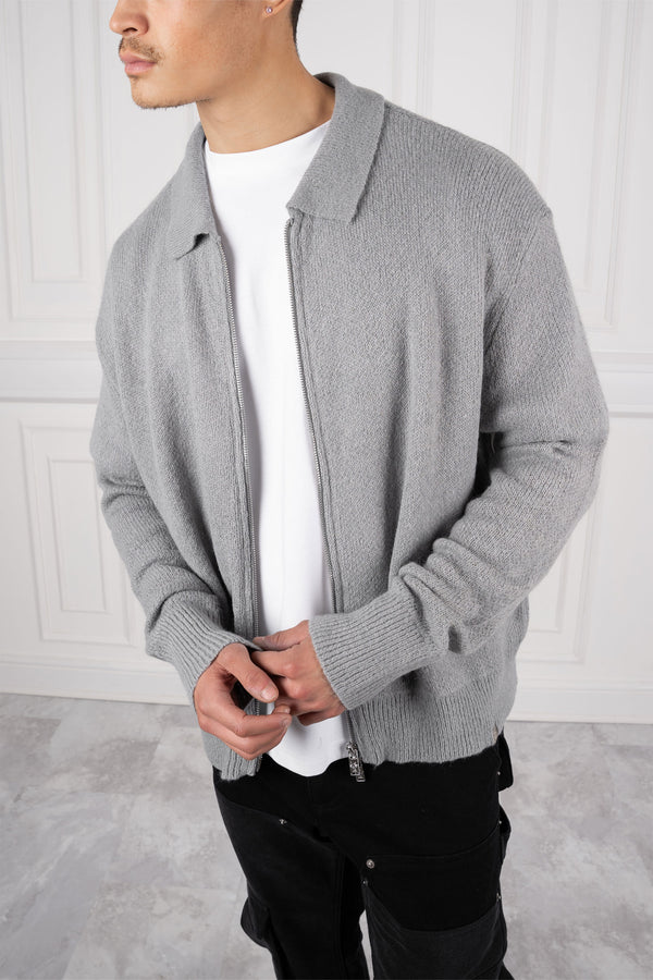 Relaxed Knitted Zip-Up Cardigan - Charcoal