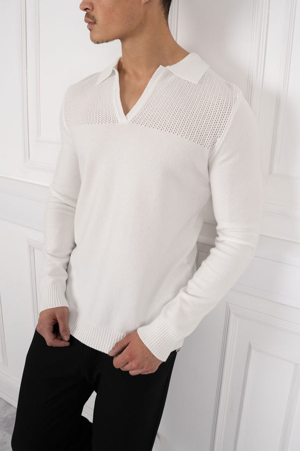 Slim Fit Long Sleeve Knitted Polo - Off White