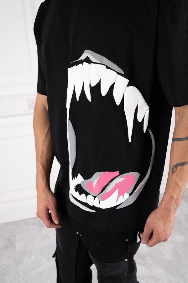 Jaws Puff Print Oversized T-Shirt - Black