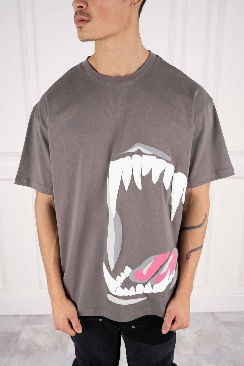 Jaws Puff Print Oversized T-Shirt - Charcoal