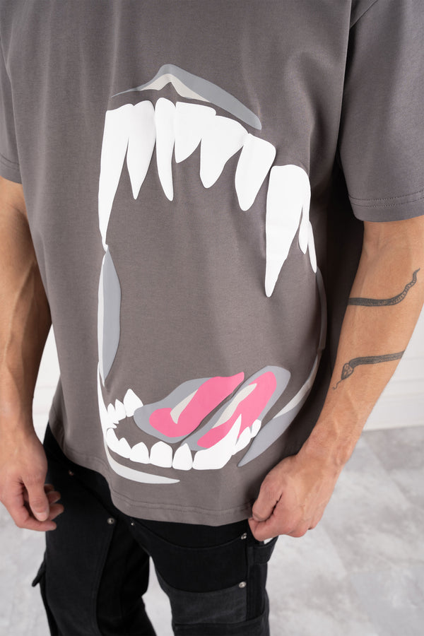 Jaws Puff Print Oversized T-Shirt - Charcoal