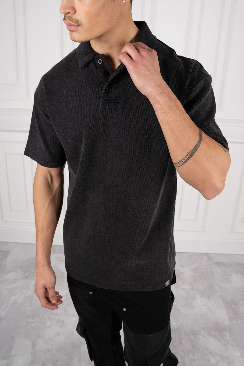Ribbed Oversized Polo Shirt - Black