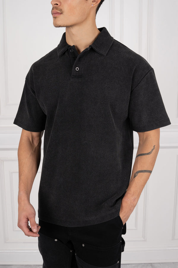 Ribbed Oversized Polo Shirt - Black