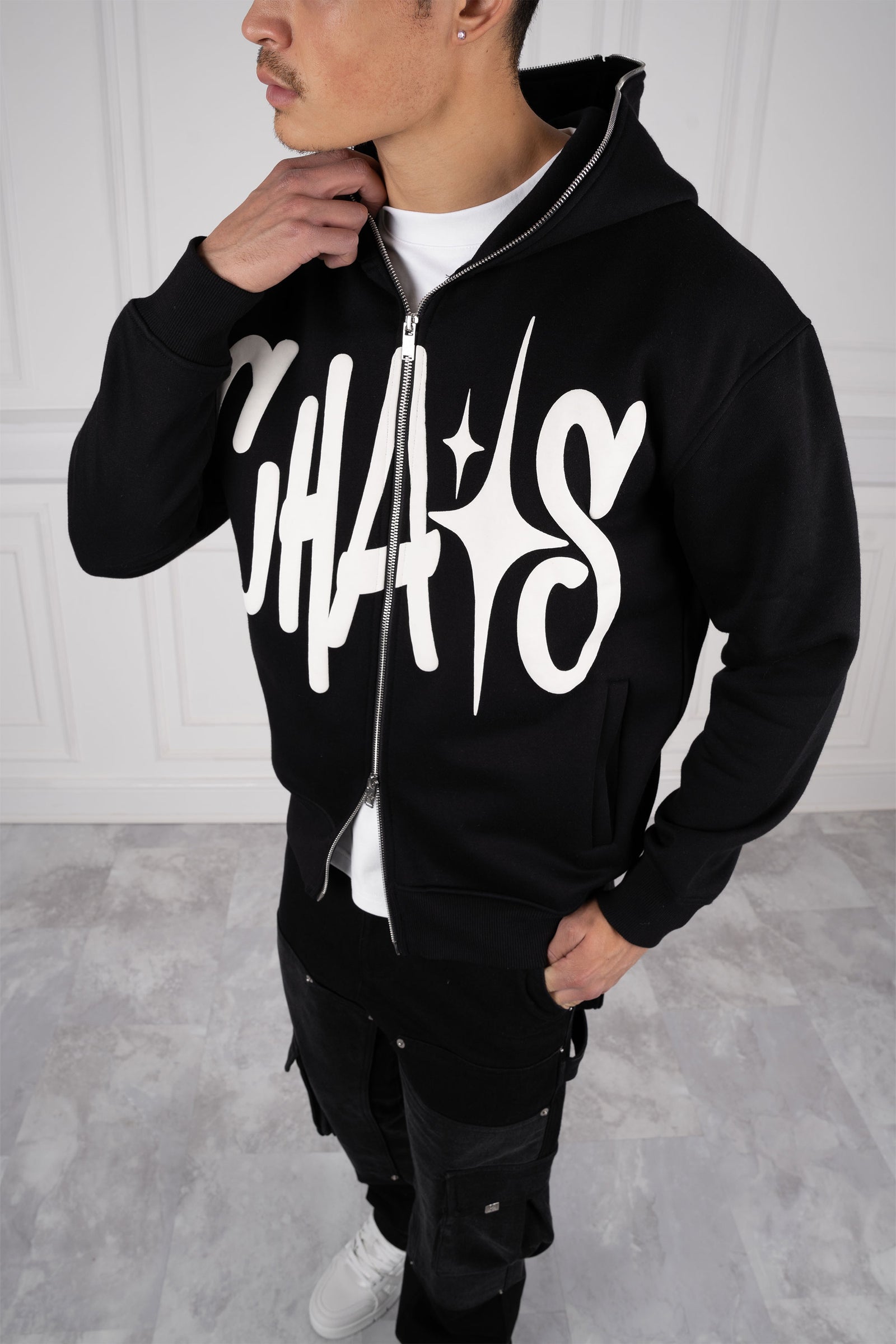 Chaos Puff Print Double Zip Hoodie - Black – JK Attire