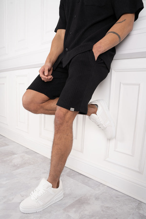Textured Ribbed Shorts - Black