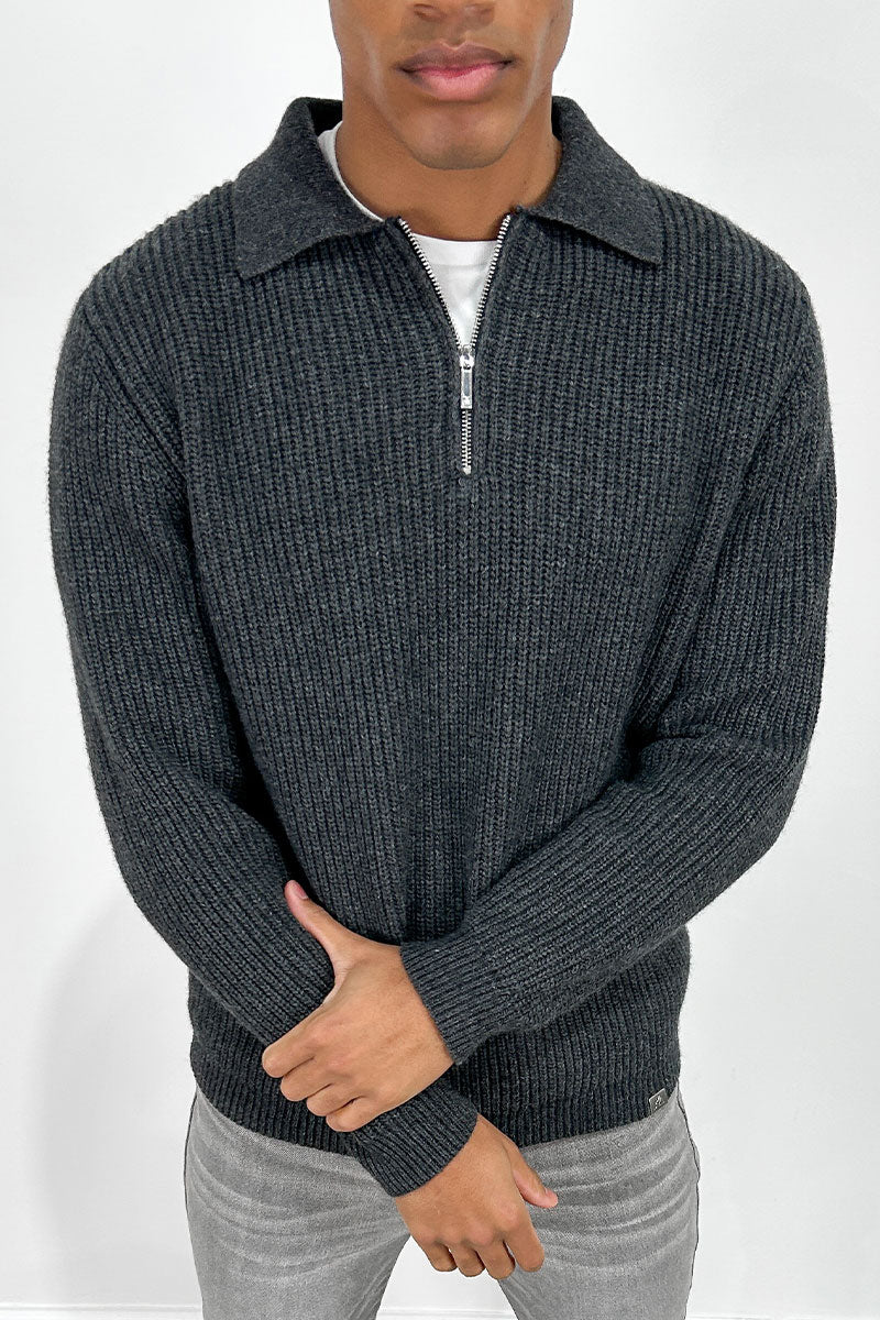 Ribbed Oversized Quarter-Zip Jumper - Grey