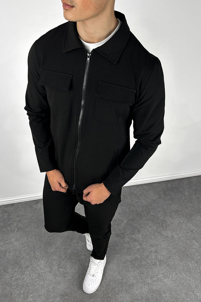 Tailored Cargo Zip-Up Overshirt - Black