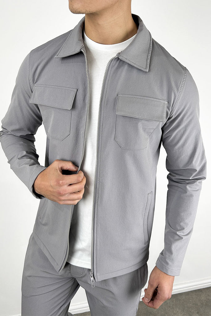 Tailored Cargo Zip-Up Overshirt - Grey