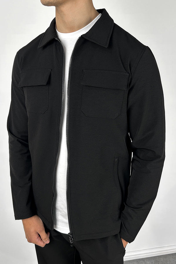 Tailored Cargo Zip-Up Overshirt - Black