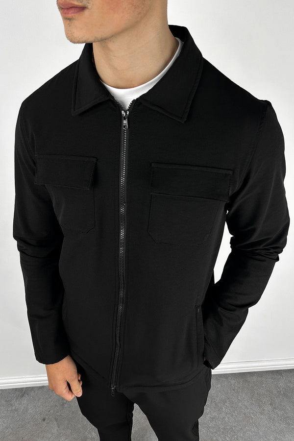 Tailored Cargo Zip-Up Overshirt - Black