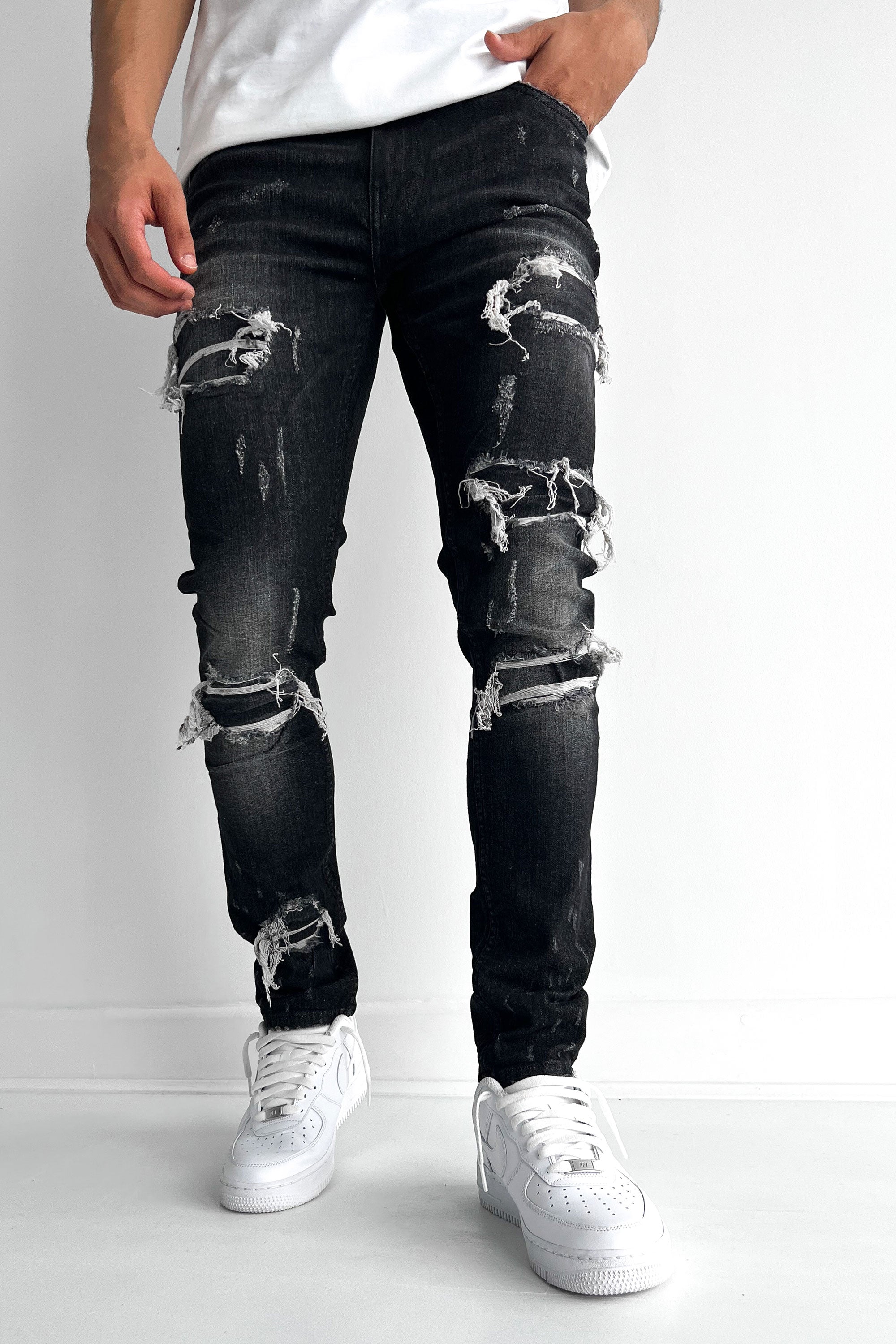 Distressed Slim Fit Jeans - Washed Black – JK Attire