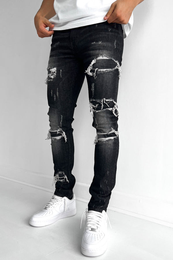 Distressed Slim Fit Jeans - Washed Black