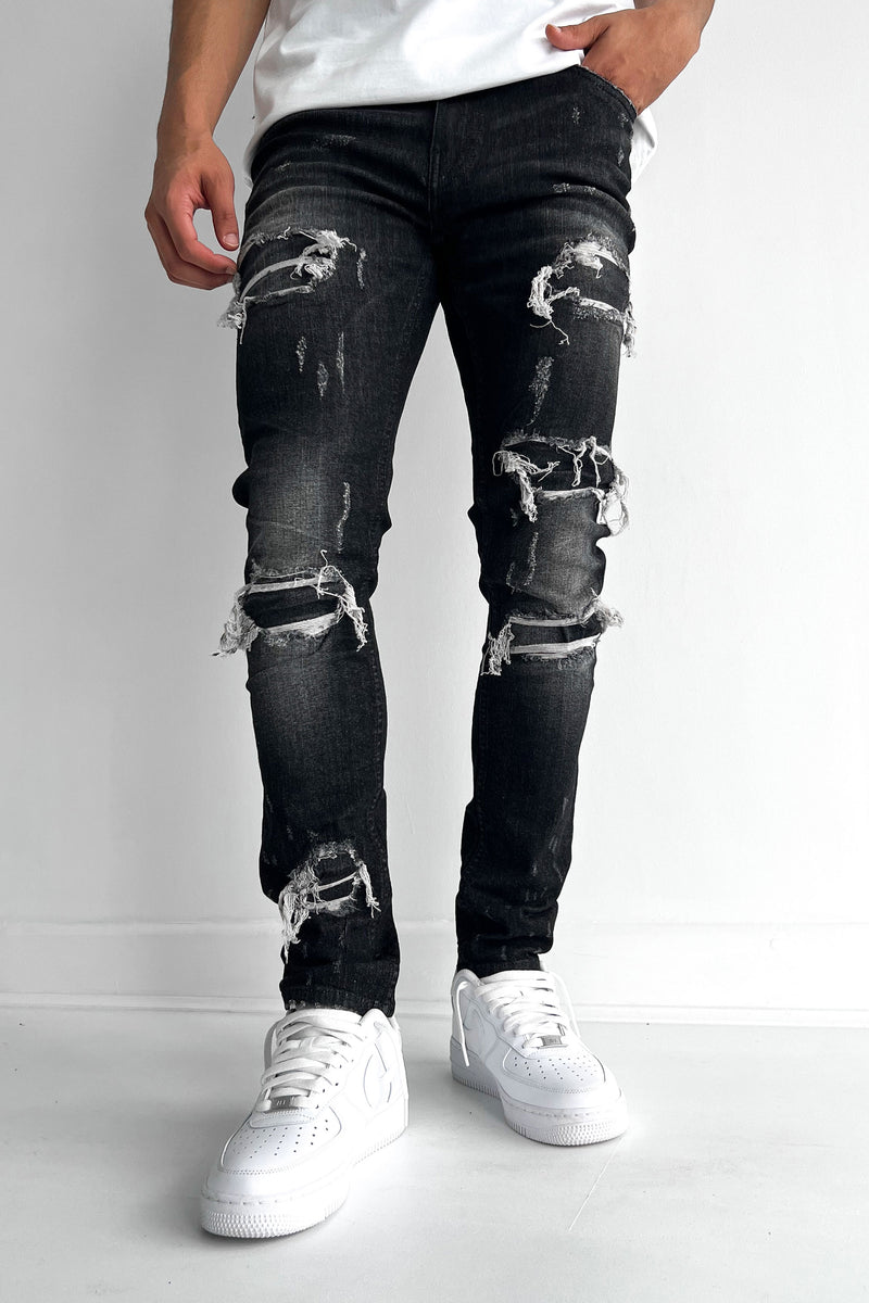 Distressed Slim Fit Jeans - Washed Black