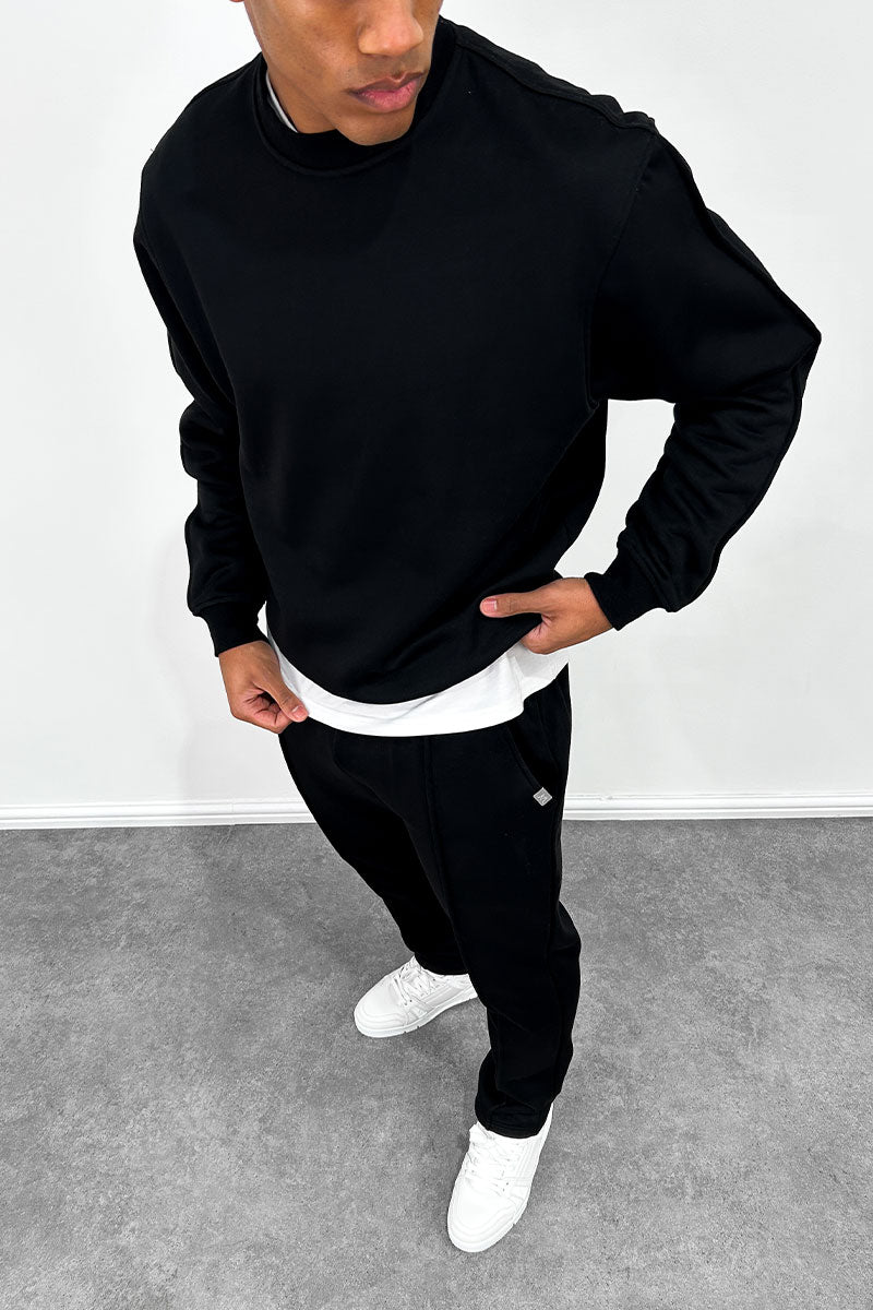 Extended Neck Crew Neck Sweatshirt - Black