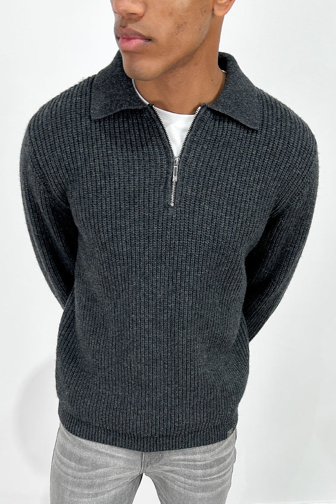 Ribbed Oversized Quarter-Zip Jumper - Grey