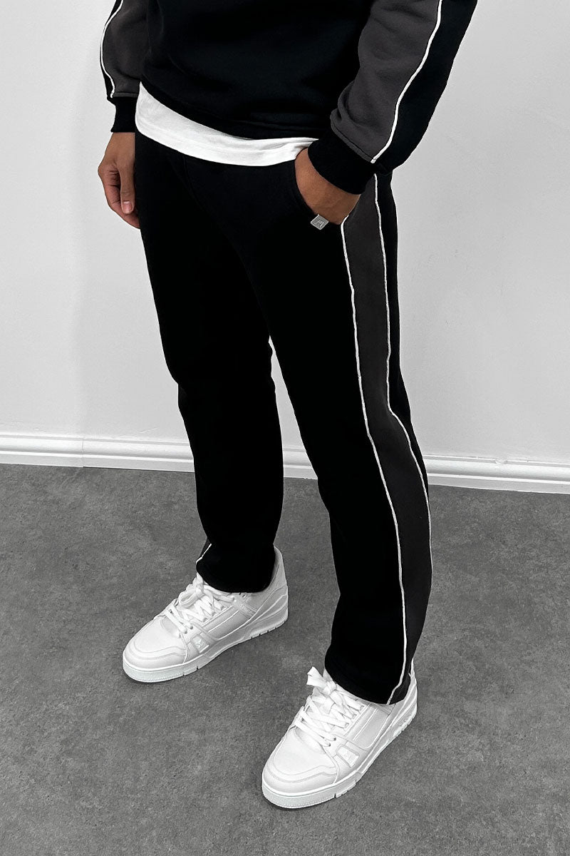 Panelled Piping Straight Leg Joggers - Black