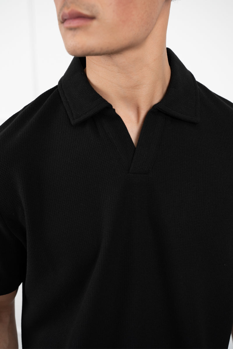 Waffle Boxy Open Neck Polo - Black