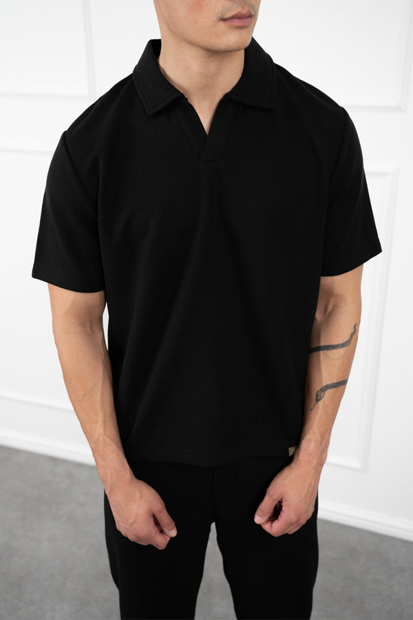 Waffle Boxy Open Neck Polo - Black