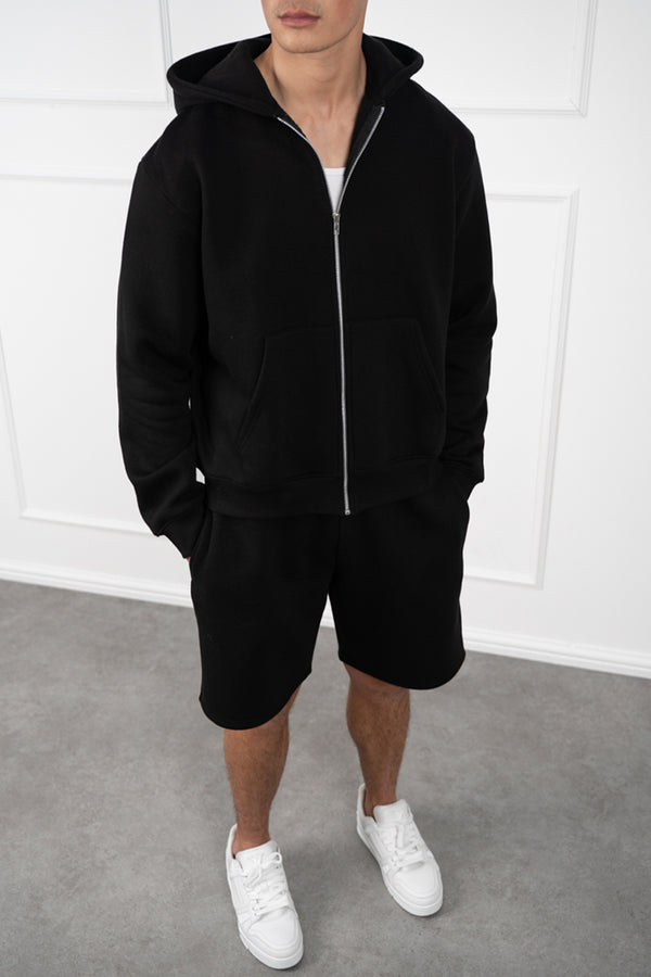 Oversized Boxy Zip Through Hoodie - Black
