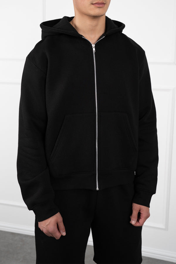Oversized Boxy Zip Through Hoodie - Black