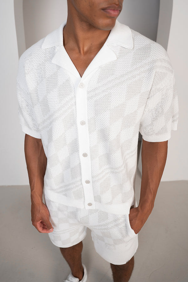 Boxy Checked Knitted Shirt - Grey/White
