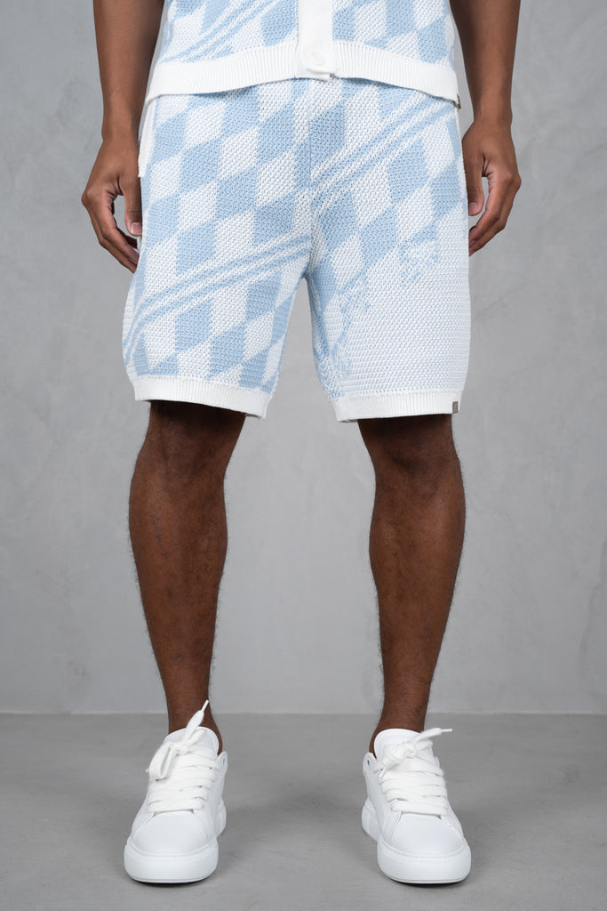 Knitted Checked Shorts - Pale Blue/White