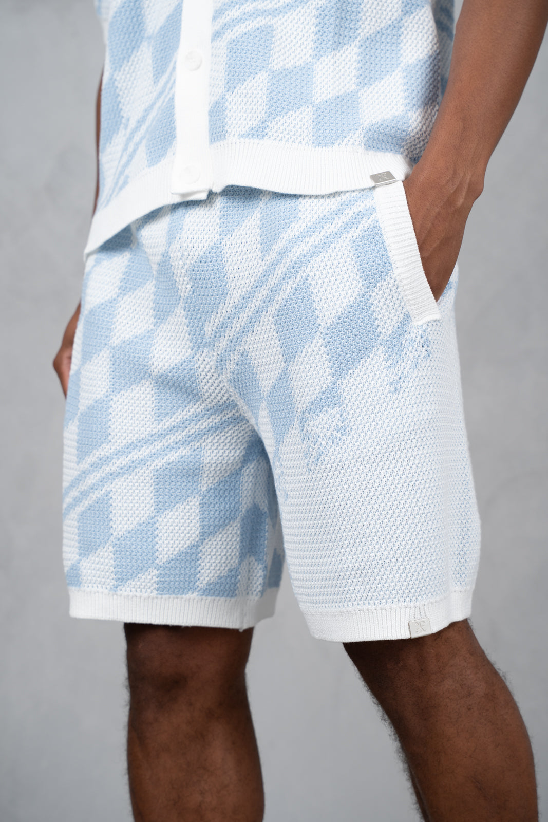 Knitted Checked Shorts - Pale Blue/White