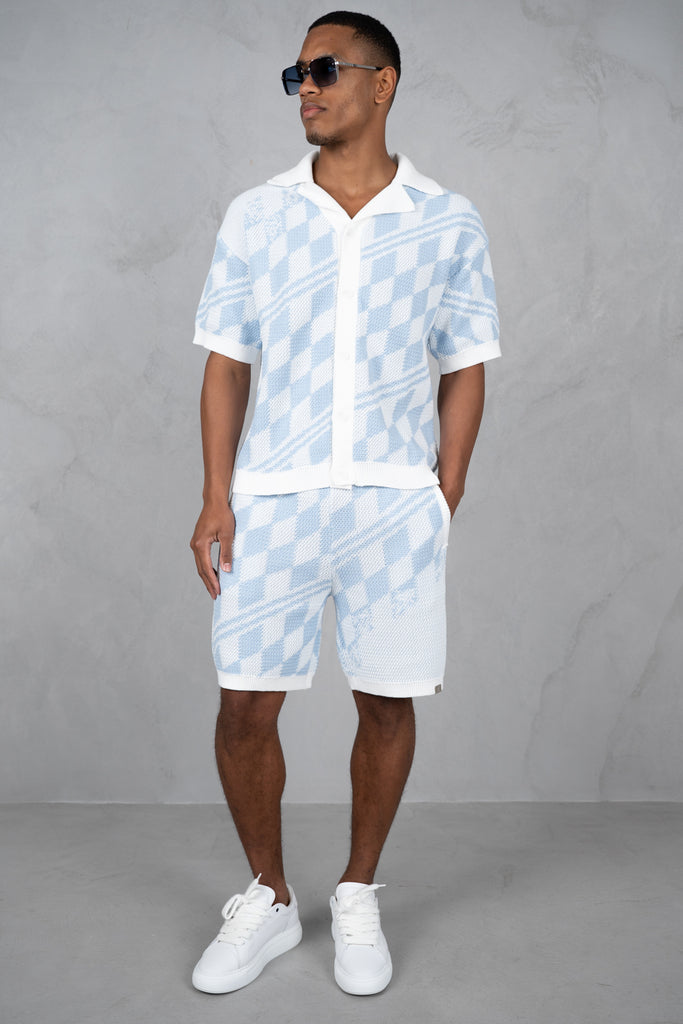 Boxy Checked Knitted Shirt - Pale Blue/White