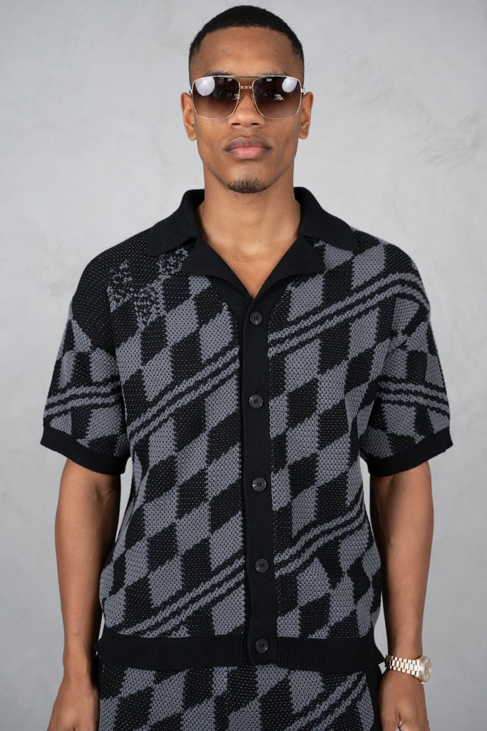Boxy Checked Knitted Shirt - Black/Charcoal