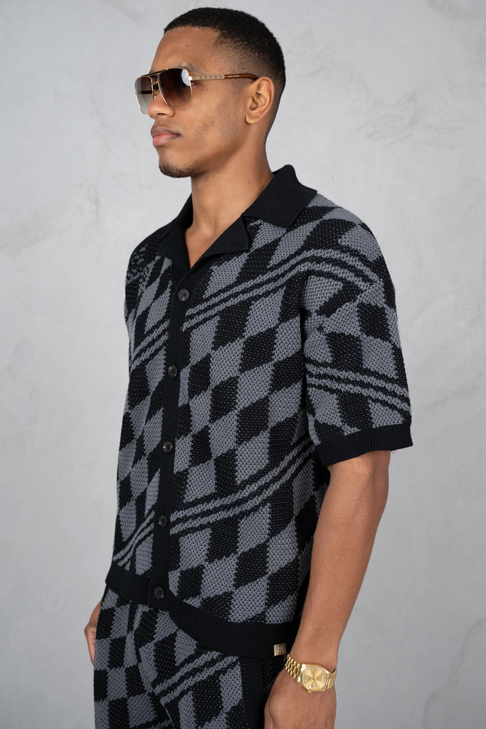 Boxy Checked Knitted Shirt - Black/Charcoal