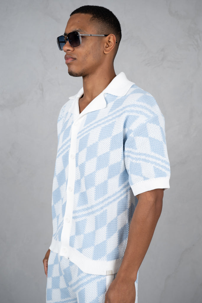 Boxy Checked Knitted Shirt - Pale Blue/White