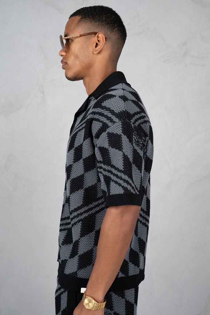 Boxy Checked Knitted Shirt - Black/Charcoal