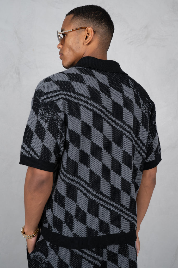 Boxy Checked Knitted Shirt - Black/Charcoal