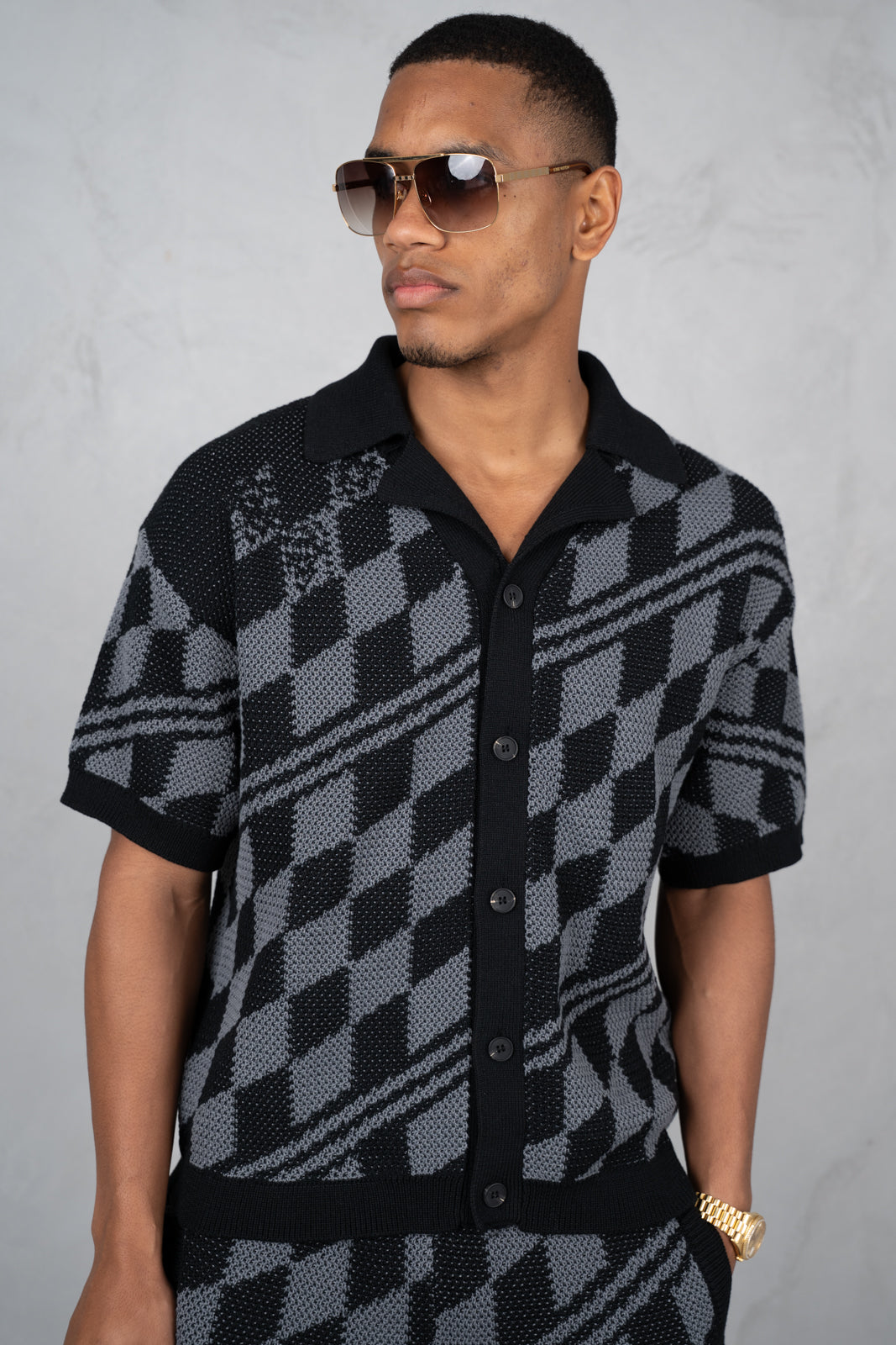Boxy Checked Knitted Shirt - Black/Charcoal