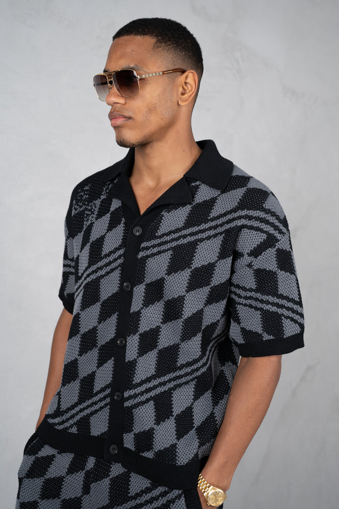 Boxy Checked Knitted Shirt - Black/Charcoal
