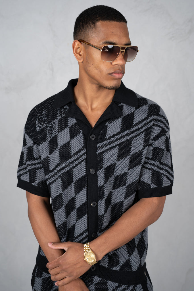 Boxy Checked Knitted Shirt - Black/Charcoal