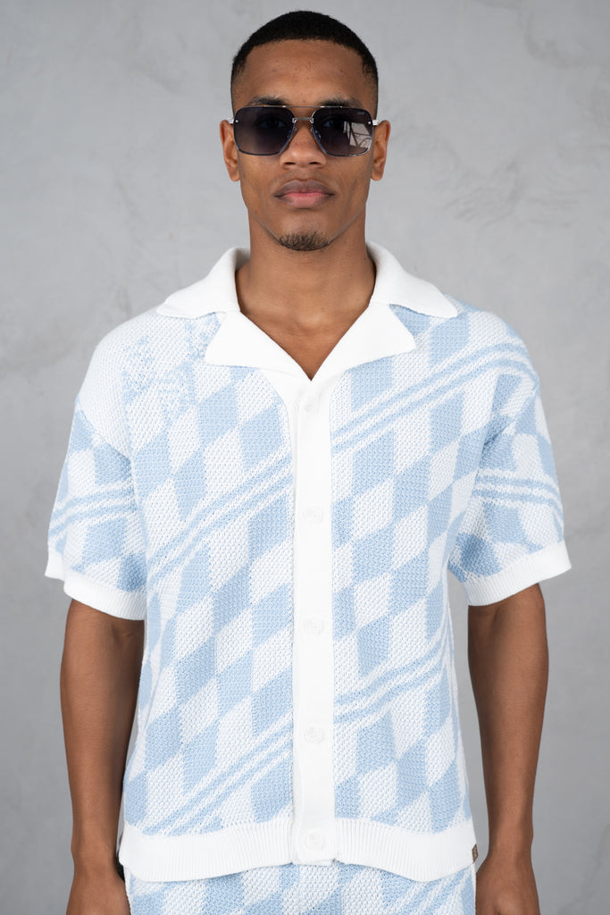 Boxy Checked Knitted Shirt - Pale Blue/White