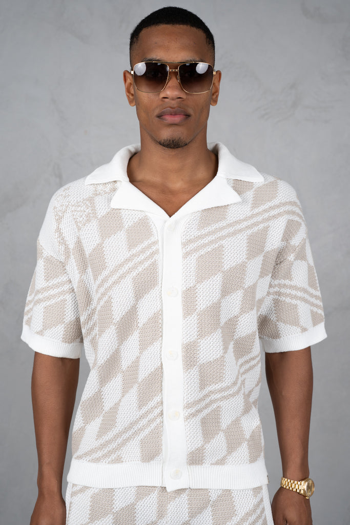 Boxy Checked Knitted Shirt - Taupe