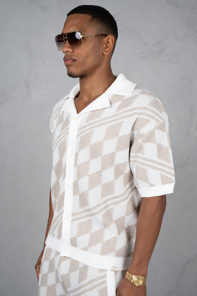 Boxy Checked Knitted Shirt - Taupe