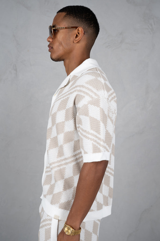 Boxy Checked Knitted Shirt - Taupe