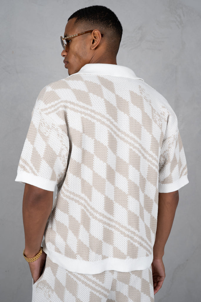 Boxy Checked Knitted Shirt - Taupe