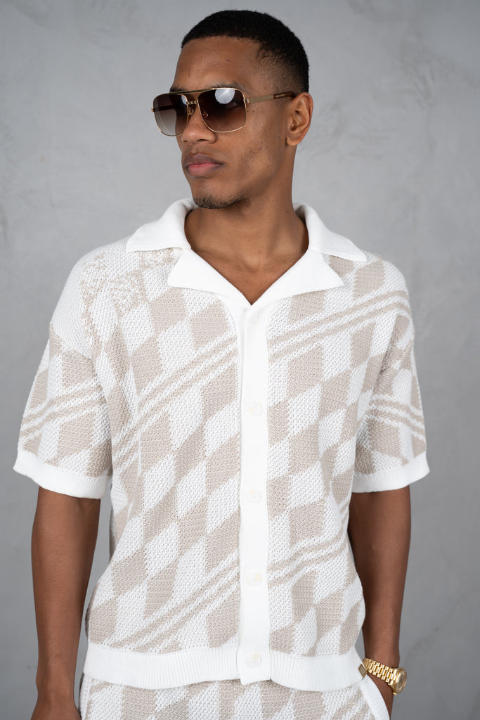 Boxy Checked Knitted Shirt - Taupe