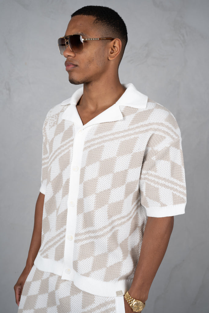 Boxy Checked Knitted Shirt - Taupe