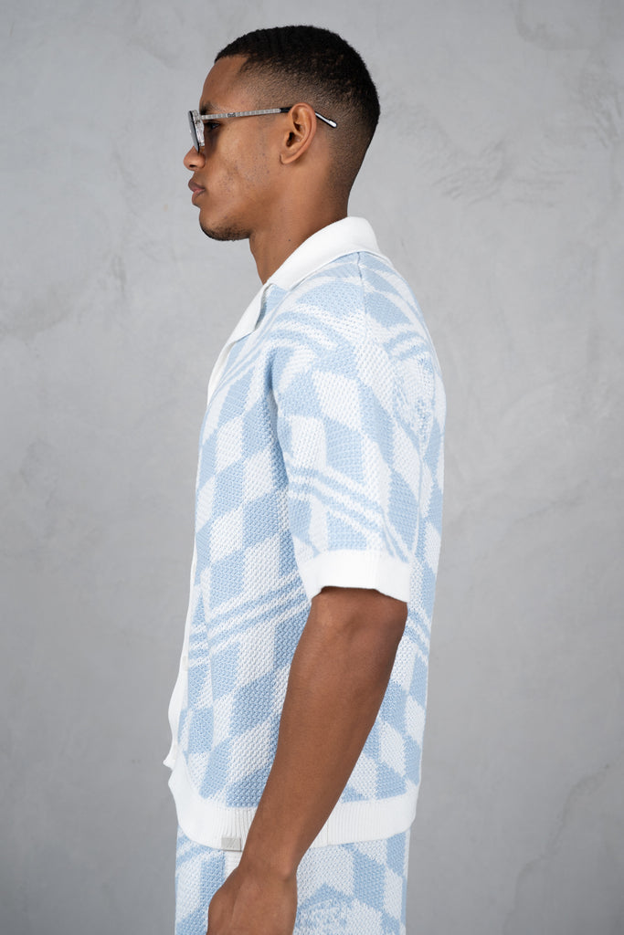 Boxy Checked Knitted Shirt - Pale Blue/White