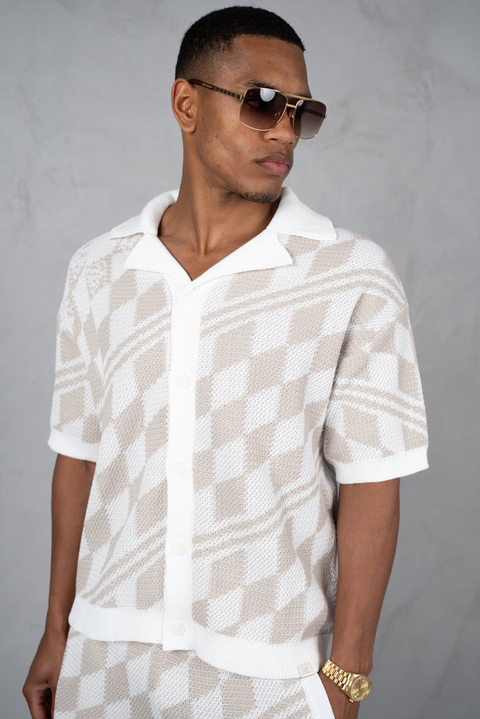 Boxy Checked Knitted Shirt - Taupe