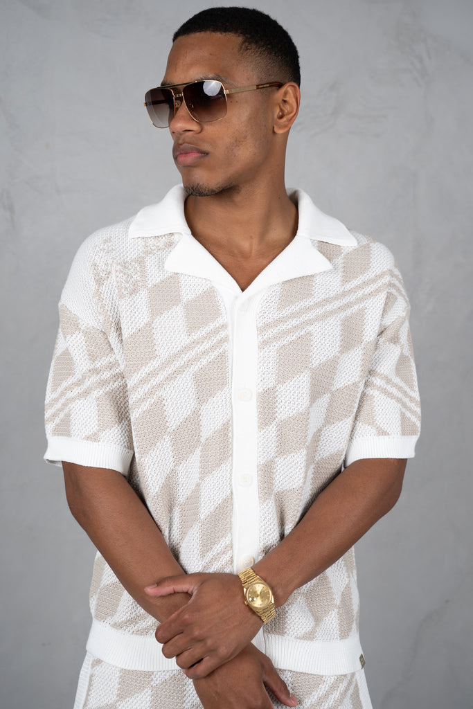 Boxy Checked Knitted Shirt - Taupe