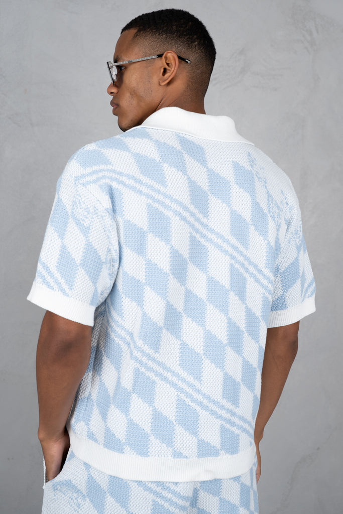 Boxy Checked Knitted Shirt - Pale Blue/White