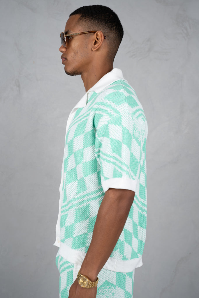 Boxy Checked Knitted Shirt - Mint