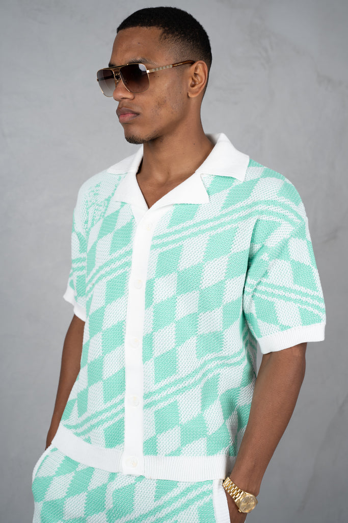 Boxy Checked Knitted Shirt - Mint